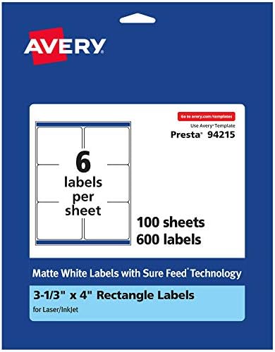 Avery® Matte White Rectangle Labels, Sure Feed® Technology, 3-1/3" x 4", 600 Matte White Printable Labels