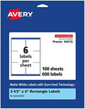 Avery® Matte White Rectangle Labels, Sure Feed® Technology, 3-1/3" x 4", 600 Matte White Printable Labels
