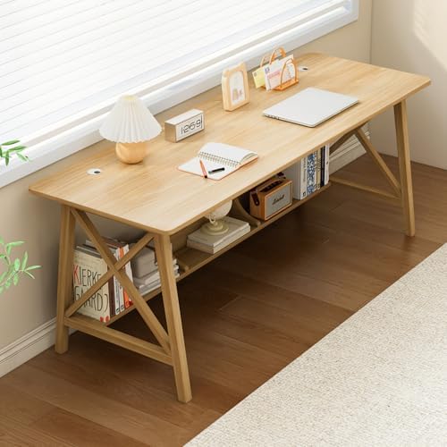 NELYE Extra Long Writing Desk with Bookshelf, 63" Wx24 Dx30 H, Oak