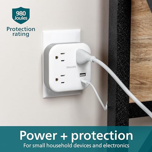 Philips EZFit 3-Outlet Surge Outlet Extender with USB, 1 USB-A, 1 USB-C