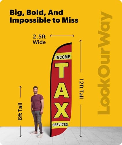 LookOurWay Feather Flag Banner - 12 Feet Tall Advertising Flags for Outdoor Business and Events Promotion - Swooper Flag Only - Financial Service Flags - Income Tax Services (10M1200286)