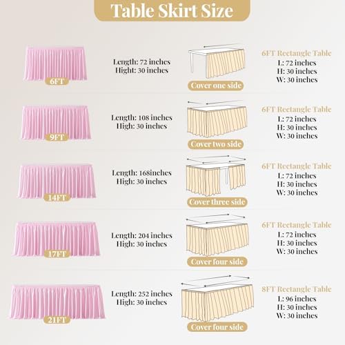 Wish Care 6ft Pink Satin Table Skirt for Rectangle Tables Wrinkle Free Teacher Desk Skirt Glitter Ruffle Table Skirting Cloth for Back to School Classroom Office Dorm Girls Birthday Party Table Decor