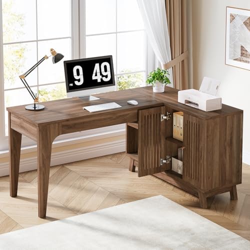 Tribesigns 57-Inch L-Shaped Desk, Office Computer Desk with Storage, Wooden Corner Workstation, Study Writing Table for Home Office (Walnut)