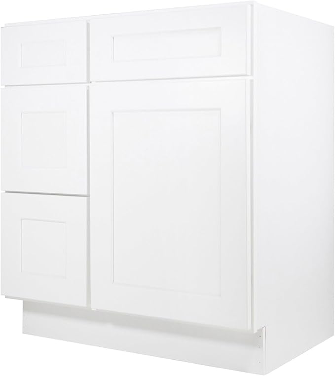 Furinno Shaker Left 3-Drawers Bath Vanity Cabinet, 1-Door, White | 21 D x 30 W x 34.5 H, Adjustable Hinges, Soft-Close Shaker-Style Door, Ready to Assemble, Plywood, for Bathroom, Washroom