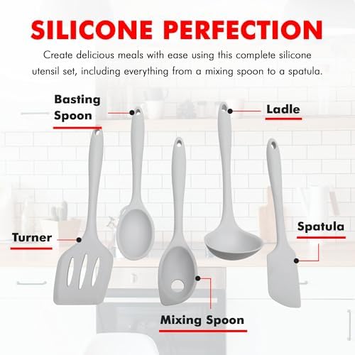 Chef Craft - Premium Silicone Kitchen Tools and Utensils Set, Non-Scratch, Withstands Temperatures up to 450°F, BPA-Free, 5 Piece Cooking Utensils Set, Gray