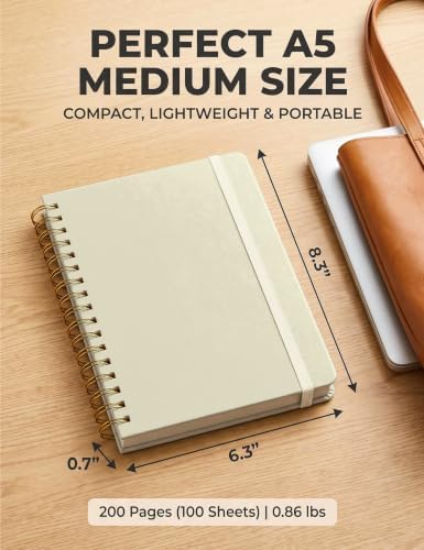5 Pack Hardcover Spiral Notebooks, 8.3" x 6.3" Lined Journal Set, 100 GSM Bleed-Resistant Paper, 200 Pages Twin-Wire Bound Notebook with Elastic Band & Category Stickers for Office, School