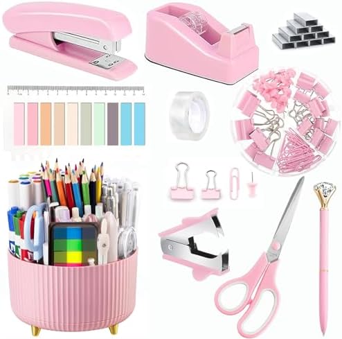 Office Supplies,Pink Desk Accessories,Office Supplies Set,Desk Organizer,Stapler,Tape Dispenser,Scissors,Staple Remover,Binder Clips,Staples,Ballpoint Pen,Index Tabs with Ruler,Clear Tape.10pcs
