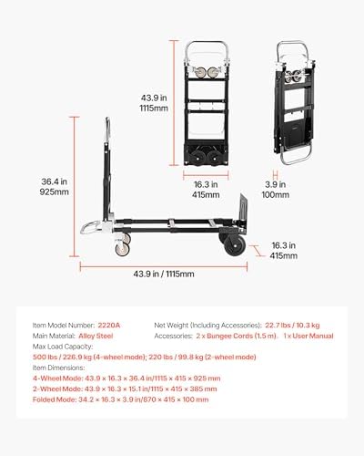 VEVOR 2 in 1 Folding Hand Truck, 500 lbs Load Capacity, 4-Wheel Mode Dolly