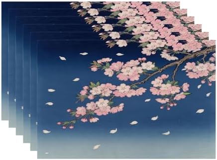 Batmerry Retro Japanese Cherry Blossom Linen Placemats Set of 6, Deep Indigo Flowers Washable Table Mats for Kitchen Table Thickened Heat Insulation Dining Set Indoor Outdoor 12X18 in