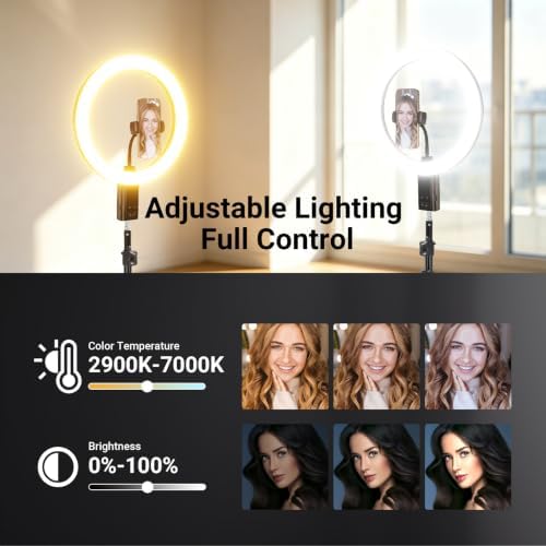 NEEWER 12" Selfie Ring Light with App Control/Remote/Tripod Stand, 3200mAh LED Bi Color CRI95 2900K-7000K Ringlight Circle Lighting Compatible with iPhone Vlog Makeup Studio Video Recording, RB12B