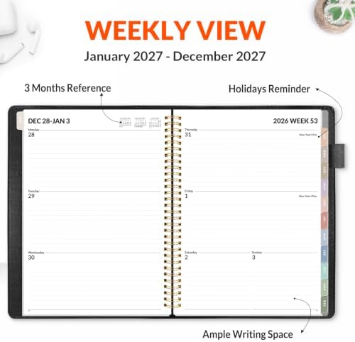 SUNEE 2027 Weekly & Monthly Planner 9"x11.2"- 12 Month (January 2027 - December 2027), Vegan Leather Cover, Pocket, Bookmark, Notes, Monthly Tab, Black