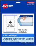 Avery® Printable Durable White Rectangle Labels, Sure Feed® Technology, 2" x 5", Print-to-the-Edge, Waterproof Labels, Laser & Pigment-Based Inkjet Compatible, 400 Total