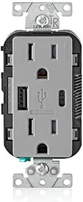 Leviton T5633-GY Type A & Type-C USB In-Wall Charger with 15A Tamper-Resistant Outlet, USB Charger for Smartphones and Tablets. Not for Laptops, Gray