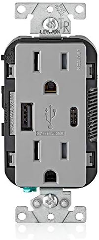 Leviton T5633-GY Type A & Type-C USB In-Wall Charger with 15A Tamper-Resistant Outlet, USB Charger for Smartphones and Tablets. Not for Laptops, Gray