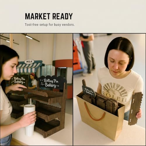 HOTCAN Wooden Cookie Display Stand with Chalkboard Sign for Bakers, Vendors, Craft Fairs | Pastry Display for Market Booths & Events | 3 Tiered Cookie Display for Muffins, Cakes, and Pastries (Brown)