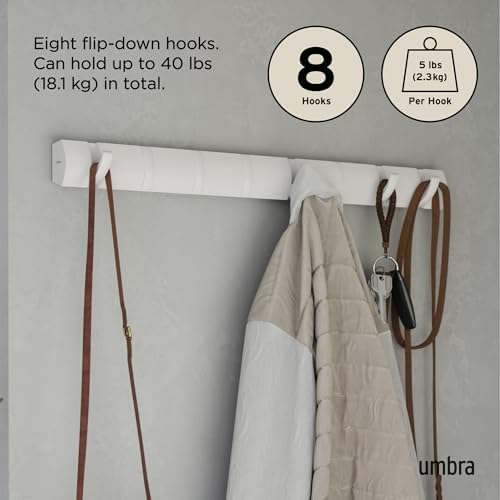 Umbra Flip Coat Rack, Wall Mount 8-Hook, Space Saving, White/Nickel