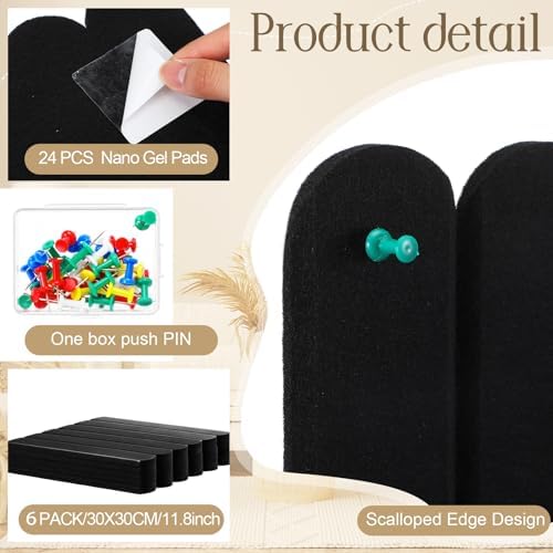 Yookeer Large Scalloped Felt Bulletin Board 36'' x 24'' Cork Board Alternative for Office Wall Decor 6 Pack with 25 Safe Removable Adhesive Tabs Push Pin, Felt Pin Boards for Home Office(Black)