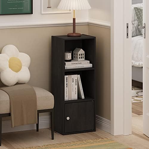 Furinno LUDER Book Shelf, 3-Tier Modern Bookshelf, Bookcase with 1 Door Storage Cabinet, 9.3 x 12 x 31.5, for Living Room, Bedroom, Home Office, Darkwood