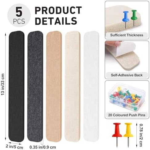 HAUTOCO Felt Bulletin Strips 5 Pack, 13" x 2" Self Adhesive Pin Board with 20 Push Pins, Peel and Stick Memo Board for Photos, Notes & Wall Decor, Dorm Room, Bedroom, Office, Concrete Color