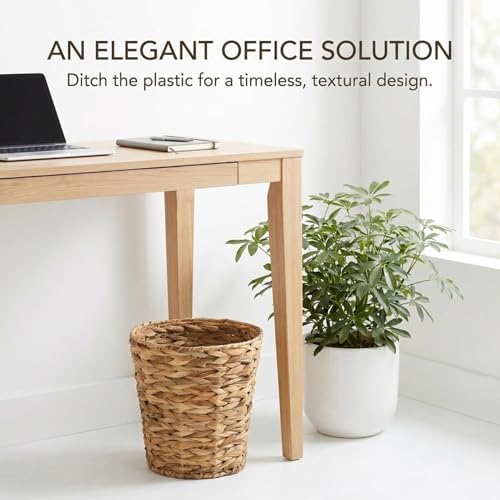 Household Essentials Wicker Waste Basket, Woven Leaf Basket with Wire Frame, Trash Bin or Storage Basket for Bedroom, Bathroom, Office and More