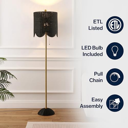 JONATHAN Y Joel Scalloped Rattan Floor Lamp 63.5", Black/Brass Gold
