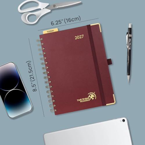 POPRUN 2027 Planner Daily Weekly and Monthly Calendar with Hourly Schedule(Medium Size 8.5'' x 6.25'' Wire-Bound Hard Cover) - Agenda 2027 (Jan.2027-Dec.2027), Monthly Tabs - Midnight Green