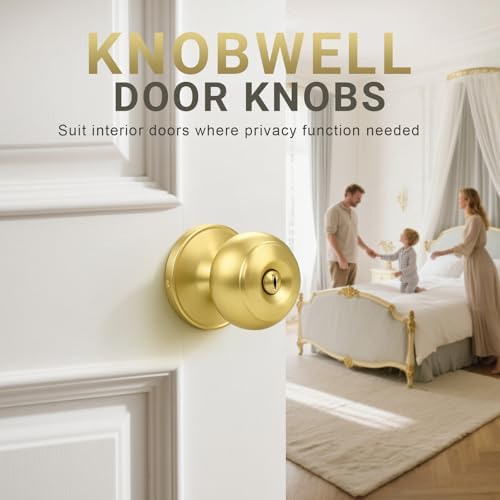 KNOBWELL 6 Pack Privacy Door Knob for Bathroom or Bedroom Door Knobs, Round Interior Door Knobs, Gold Indoor Door Knob, Keyless Door Knob with Lock, Door Handle Lock, Gold