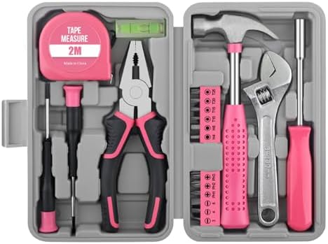 20 Pcs Home Tool Set, Basics Household Tool Kit with Small Mini Carrying Box for Men and Women DIY (Pink)