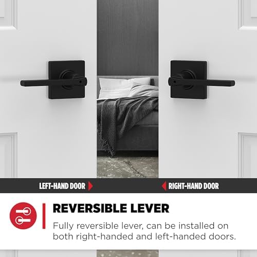 Kwikset Casey Hallway Passage and Bed/Bath Privacy Door Handle 2 Pack, 1 Pack Passage Levers and 1 Pack Privacy Levers, Matte Black Reversible Interior Handles, with Microban