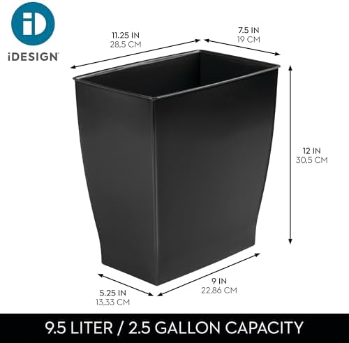 iDesign Small Plastic Bathroom Trash Can, Slim Rectangle, 2-Pack, Black