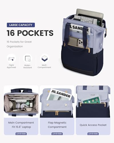 LOVEVOOK Laptop Backpack for Women, 15.6 Inch Work Laptop Bag with USB Port, Fashion Teacher Nurse Backpack Purse, Waterproof Travel Computer Backpack with Organizer Bag, 2PCS, Grey Blue-Ink Blue