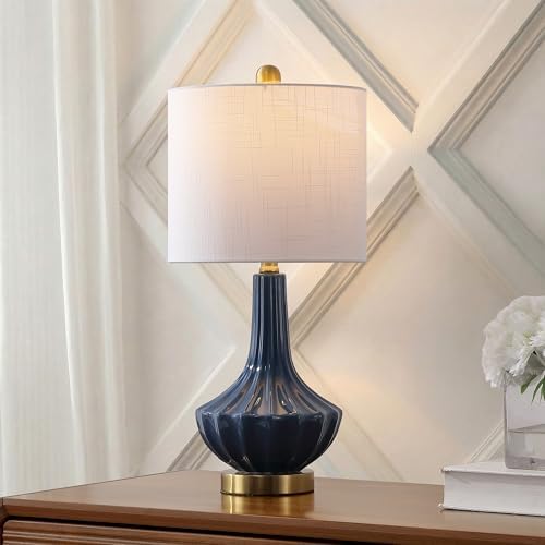 JONATHAN Y Parker Ribbed Ceramic Gourd Nightstand Table Lamp 21.5", Blue