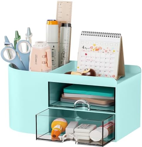 Marbrasse Small Desk Organizer with Drawer, Multi-Functional Pen Pencil Holder Storage Box for Desk, Desk Organizers and Accessories with 4 Compartments + 2 Drawer for Office Art Supplies(Blue)