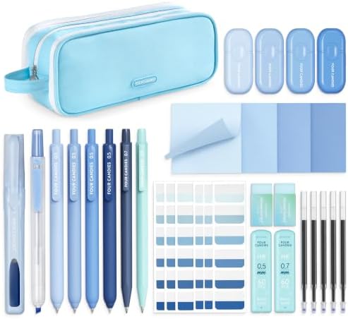 Four Candies Aesthetic School Supplies Kit with Cute Blue Pencil Case | Back to School Stationery Set with Pens, Highlighters, Mechanical Pencils, Sticky Notes for Students, College, Journaling