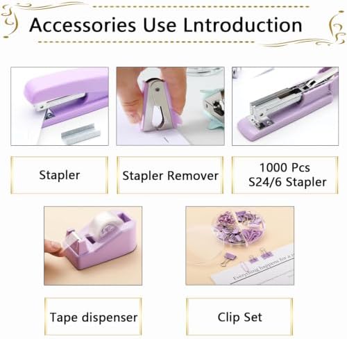 Office Supplies,Purple Desk Accessories,Stapler and Tape Dispenser Set for Women with Stapler,Tape Dispenser,Staple Remover,Staples,Clips,Scissors and Tabs,Gift for Student,Teacher,Coworkers,Business