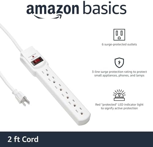 Amazon Basics 6-Outlet Surge Protector Power Strip with 200J Protection, Circuit Breaker, 2ft Extension Cord, White, 20-Pack