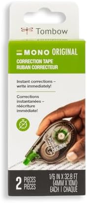 Tombow 68627 MONO Correction Tape, Non-refillable, White, 1/6" x 394", 2 Count (Pack of 1)