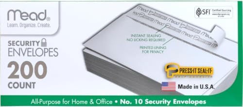 Mead #10 Security Business Envelopes Letter Size 4-1/8" x 9-1/2" – Peel and Seal, Privacy Lined, No-Window, Press-It Seal-It Self-Adhesive for Home & Office Mailing, 200 Count (742020) (Pack of 12)