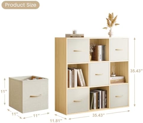 EXPERLAM 9 Cube Storage Organizer - Solid Wood Bookshelf with 5 Storage Bins, Cube Shelf with 3 Removable Back Panels, Vertical or Horizontal Bookcase, Open Book Shelf for Bedroom, Living Room, Office