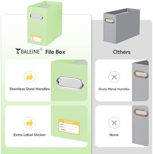 BALEINE 4PK File Organizer Box, Cardboard File Folder Organizer with Handle | Strong Corrugated Paper Core, Label Stickers for Identification, Hanging File Folder Organizer, Home Office Document Storage