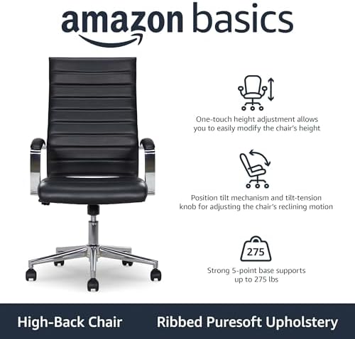 Amazon Basics High-Back Swivel Office Chair with Lumbar Support, Ergonomic Ribbed Faux Leather, Adjustable Height, 45.25" x 24.75" x 23.25", Black