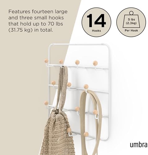 Umbra Estique Coat Rack, Over the Door Wall Hooks, 14 Hook, White/Natural