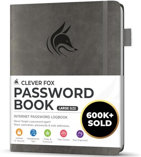 Clever Fox Password Book with Alphabetical Tabs, 7"x10" Keeper Grey