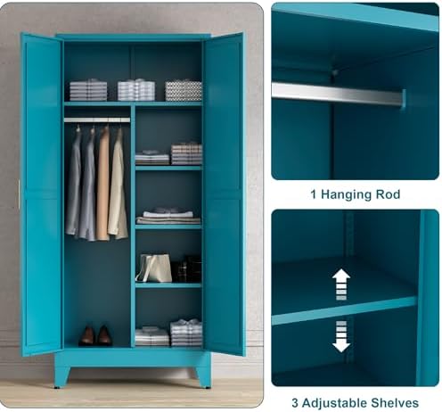 Washsemba 71'' Farmhouse Metal Wardrobe Cabinet with Hanging Rod, 2 Barn Door Wardrobe Closet with 5 Adjustable Shelves,Drawer,for Dining Room,Bedroom,Living Room, Cloak Room,Office (Peacock Blue)