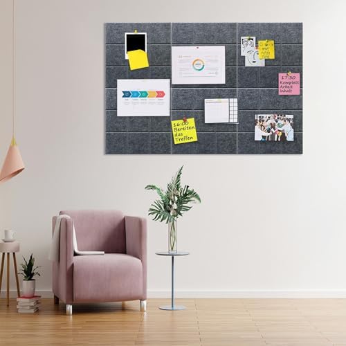 6 Packs Deep Grey Cork Board Felt Board Tiles, Bulletin Board 12"X12" with 30 Push Pins, Felt Board for Home Kitchen Office Decor, Self-Adhesive Corkboard Tiles for Walls School Message Display Board