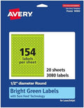 Avery Printable Round Labels, Sure Feed Technology, 1/2" Diameter, Bright Green Labels, Print-to-the-Edge, Laser/Inkjet, 3,080 Total, Great for Price Stickers and Mailing Seals
