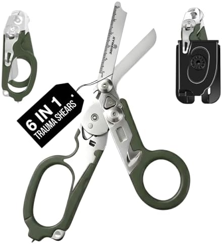Heavy Duty 6 in 1 Multifunctional Trauma Shears Foldable | Stainless Steel emergency response scissors | Survival Shears with Holster | Medical Trauma shears Tactical With Strap Cutter | Green