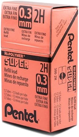Pentel Super Hi-Polymer Lead Refill (0.3mm) Extra Fine, 2H, 12 pcs/Tube, Box of 12 (300-2H)