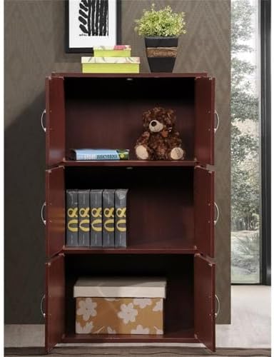 Pemberly Row 3-Shelf 6-Door Wood Bookcase, Mahogany Finish, 41" H x 23.40" W x 15.5" D, Slim Versatile Design, Multi-Purpose for Office, Bedroom, Kids Room, Kitchen or Entryway Storage