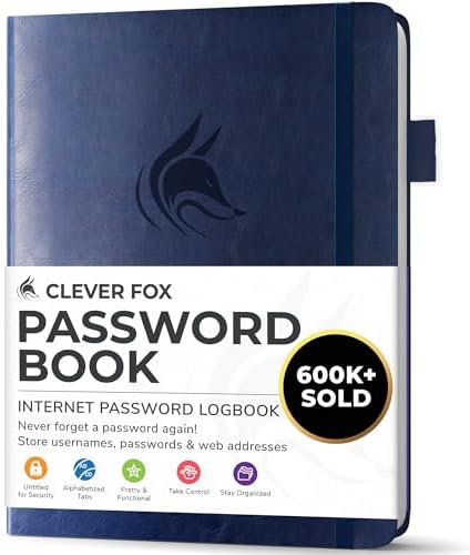 Clever Fox Password Book with Alphabetical Tabs, 4"x5.5" Keeper Dark Blue